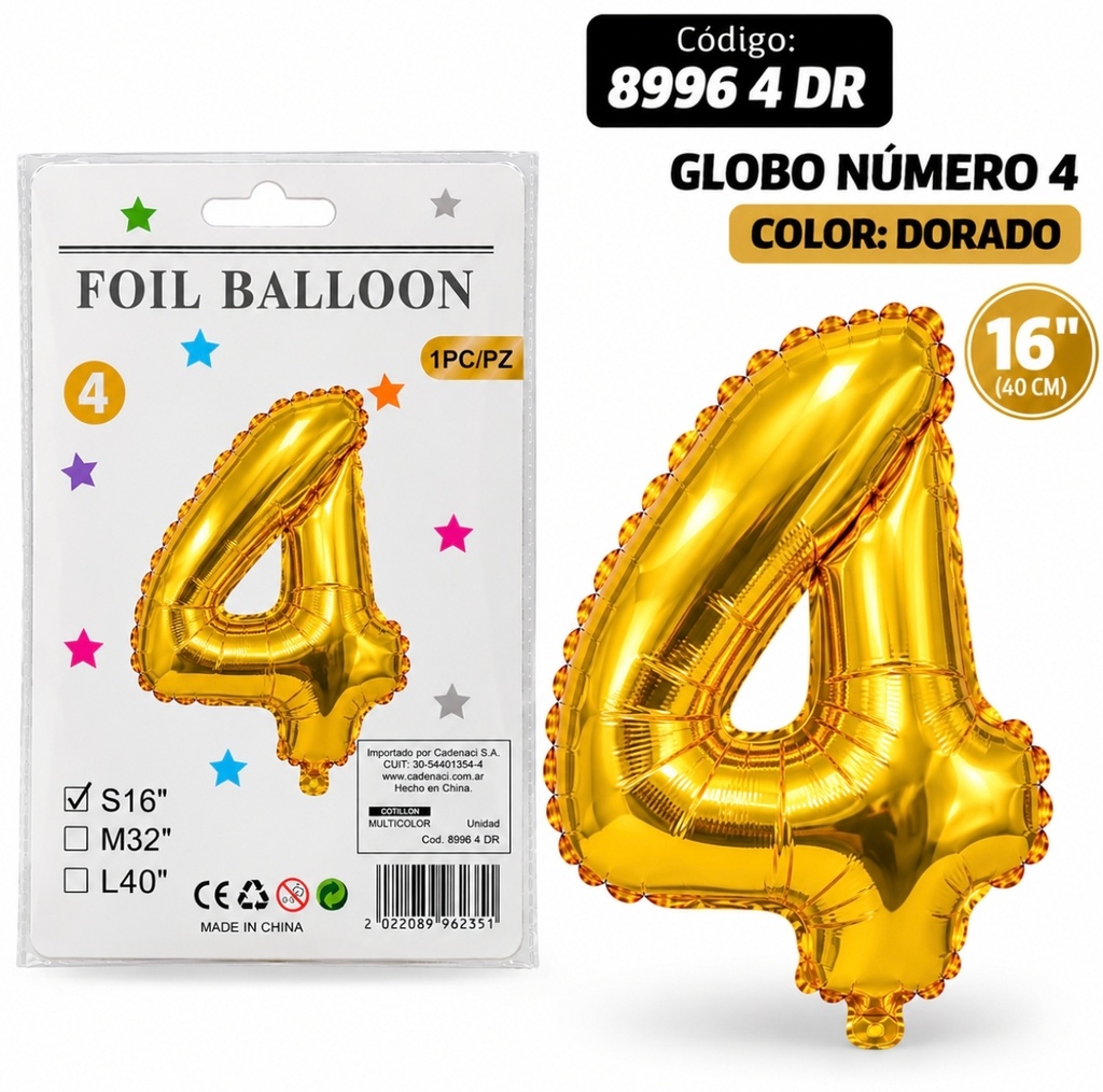 GLOBO NUMERO 4 DORADO METALIZADO 8996 4 DR