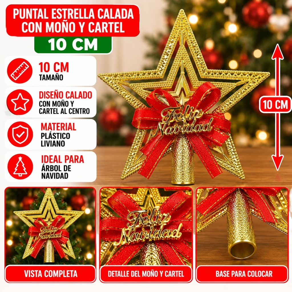 PUNTAL ESTRELLA CALADA 10CM C/ MOÑO Y FELIZ NAVIDAD EN EL CENTRO