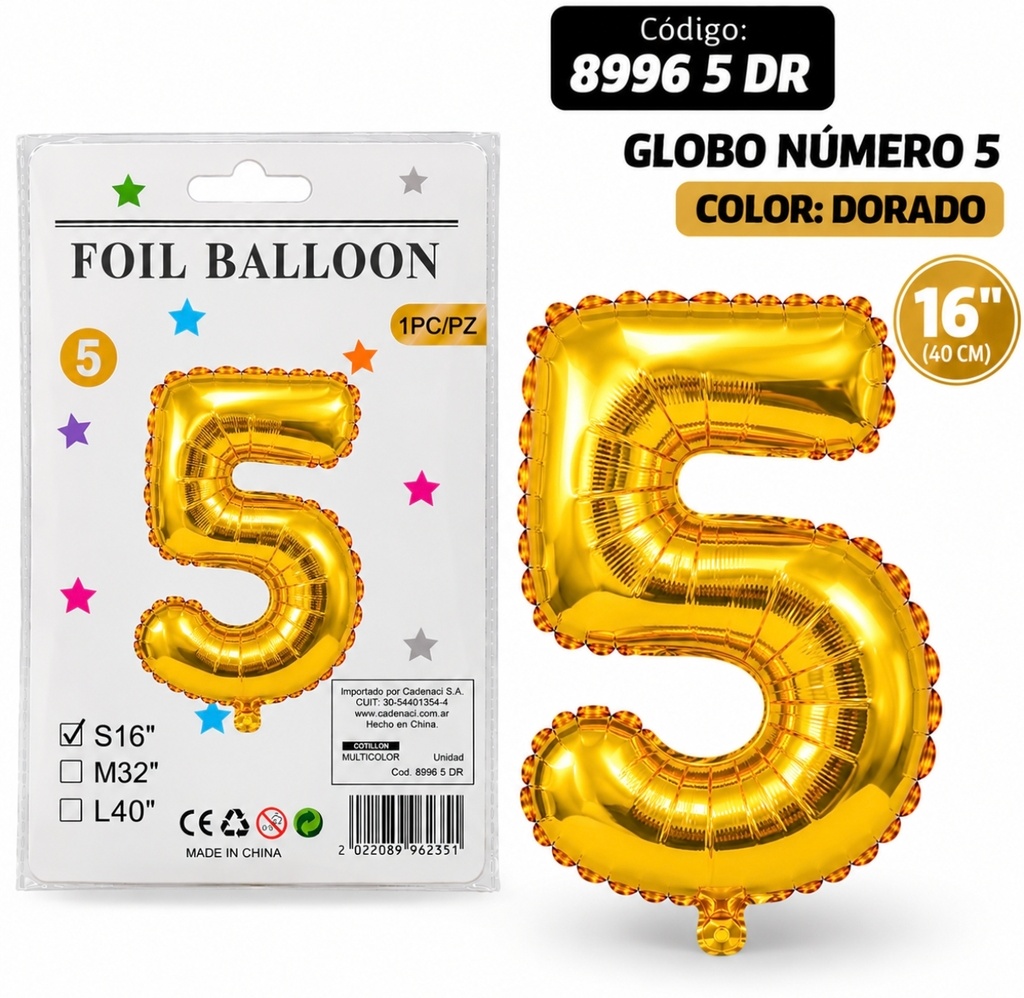 GLOBO NUMERO 5 DORADO METALIZADO 8996 5 DR