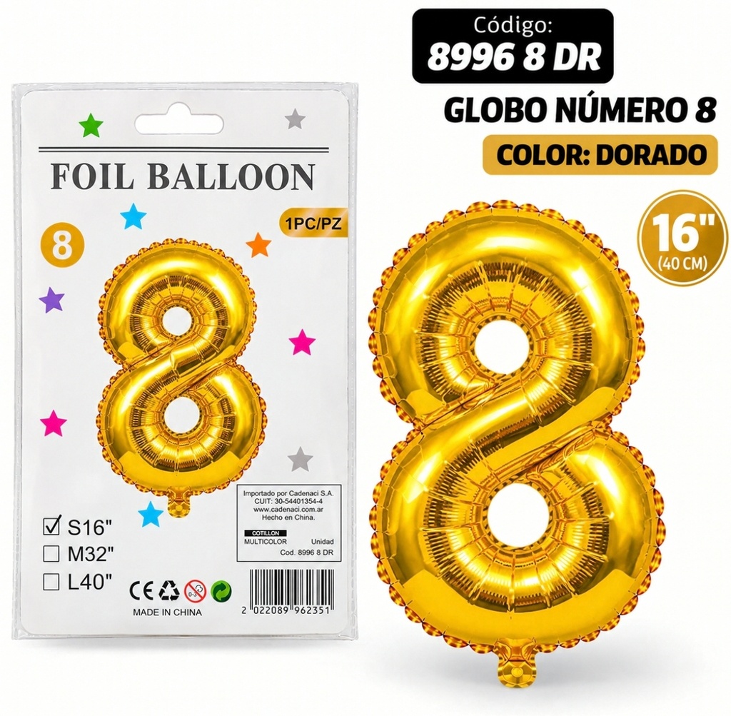 GLOBO NUMERO 8 DORADO METALIZADO 8996 DR