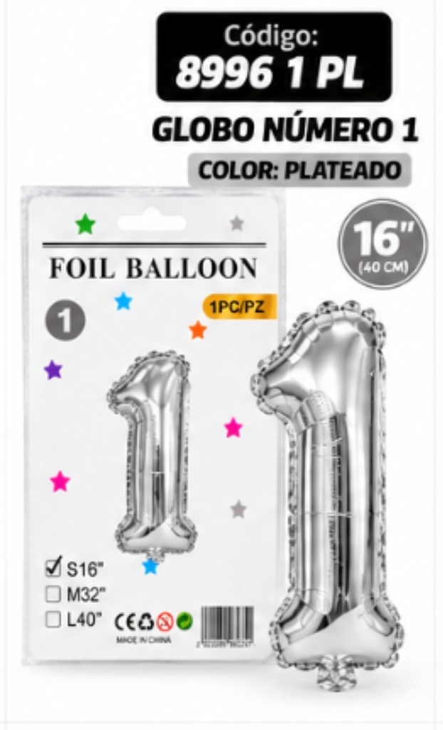 GLOBO NUMERO 1 PLATEADO METALIZADO 8996 1 PL