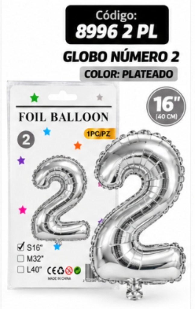 GLOBO NUMERO 2 PLATEADO METALIZADO 8996 2 PL