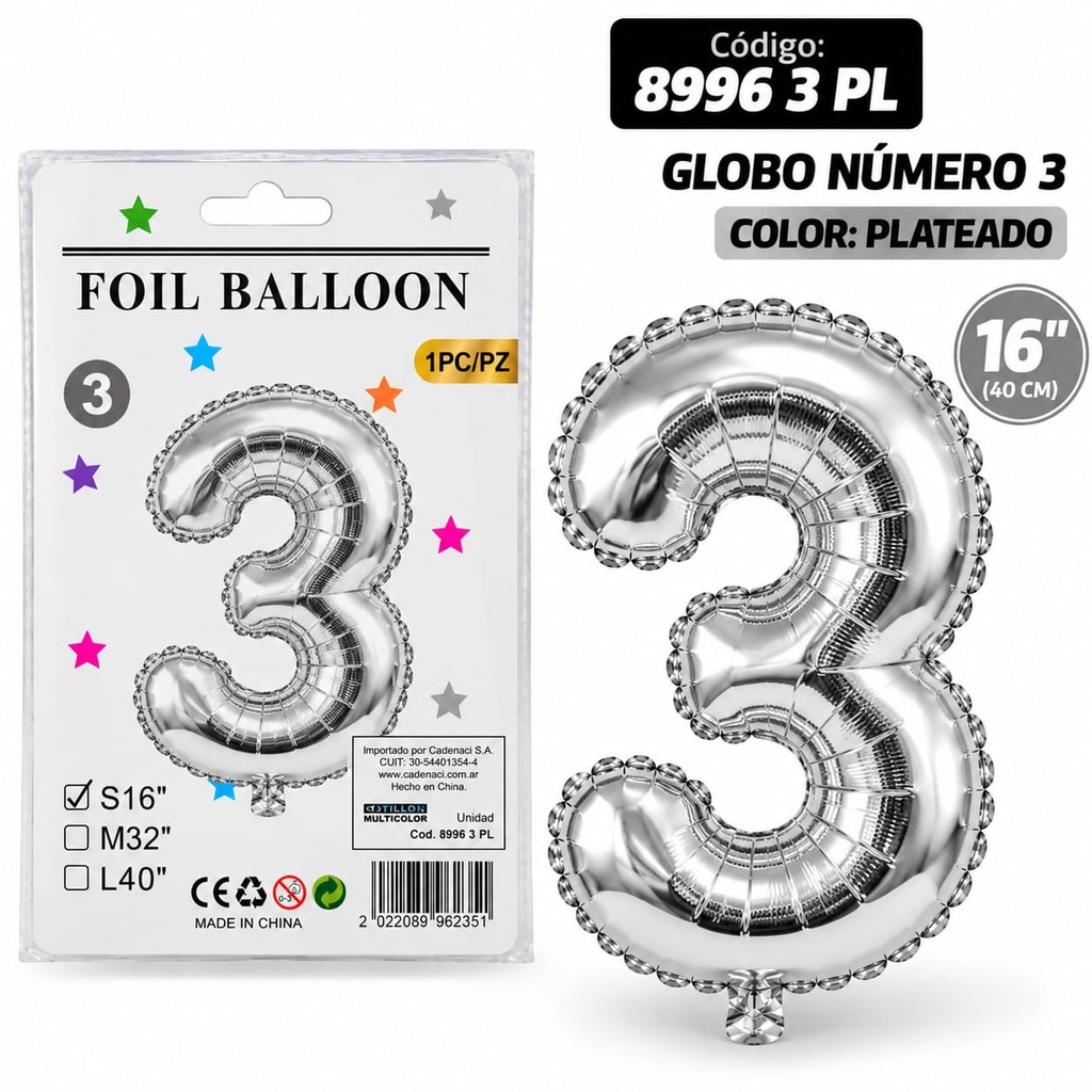 GLOBO NUMERO 3 PLATEADO METALIZADO 8996 3 PL