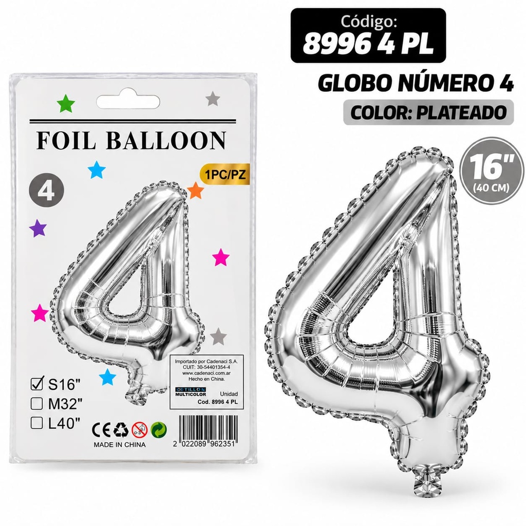 GLOBO NUMERO 4 PLATEADO METALIZADO 8996 4 PL