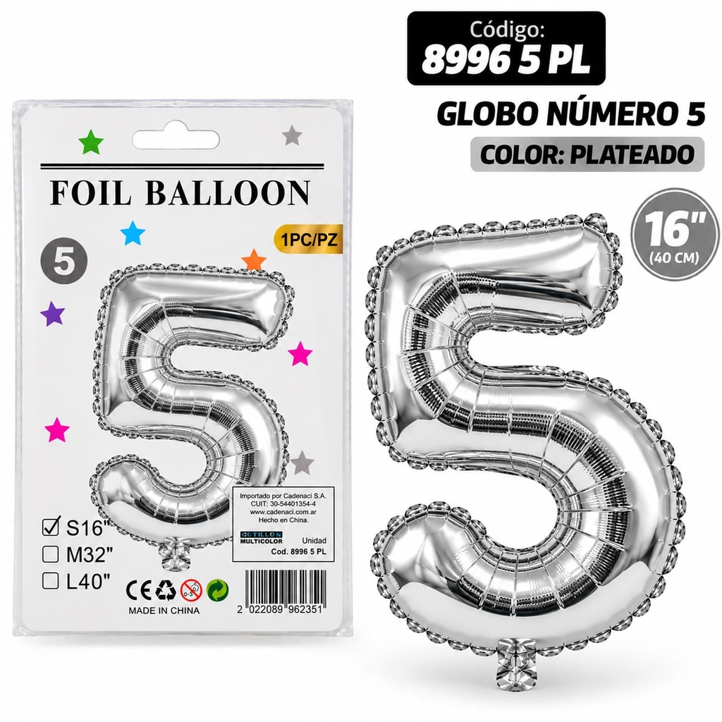 GLOBO NUMERO 5 PLATEADO METALIZADO 8996 5 PL