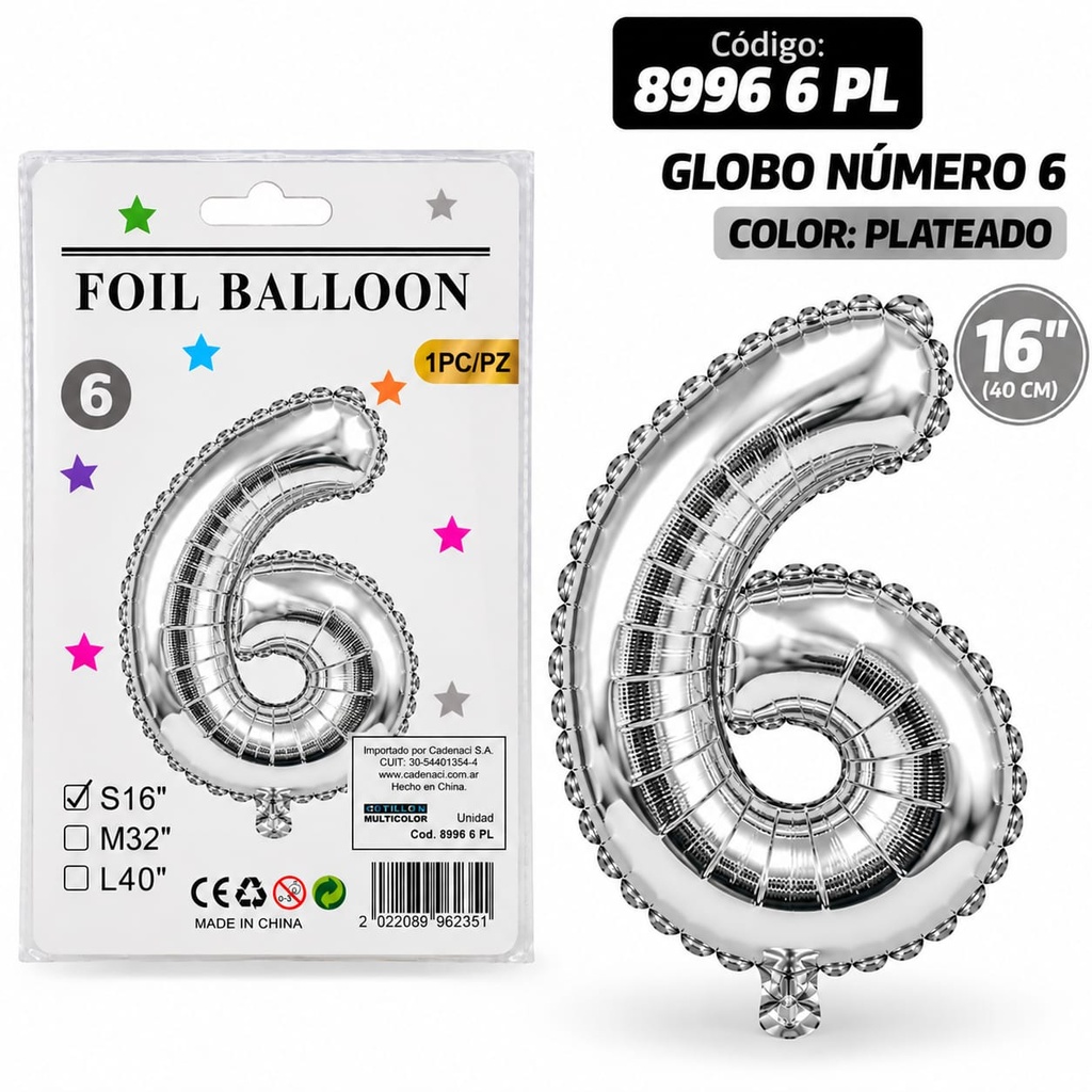 GLOBO NUMERO 6 PLATEADO METALIZADO 8996 6 PL