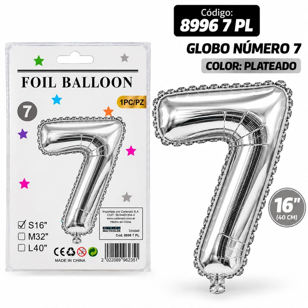 GLOBO NUMERO 7 PLATEADO METALIZADO 8996 7 PL
