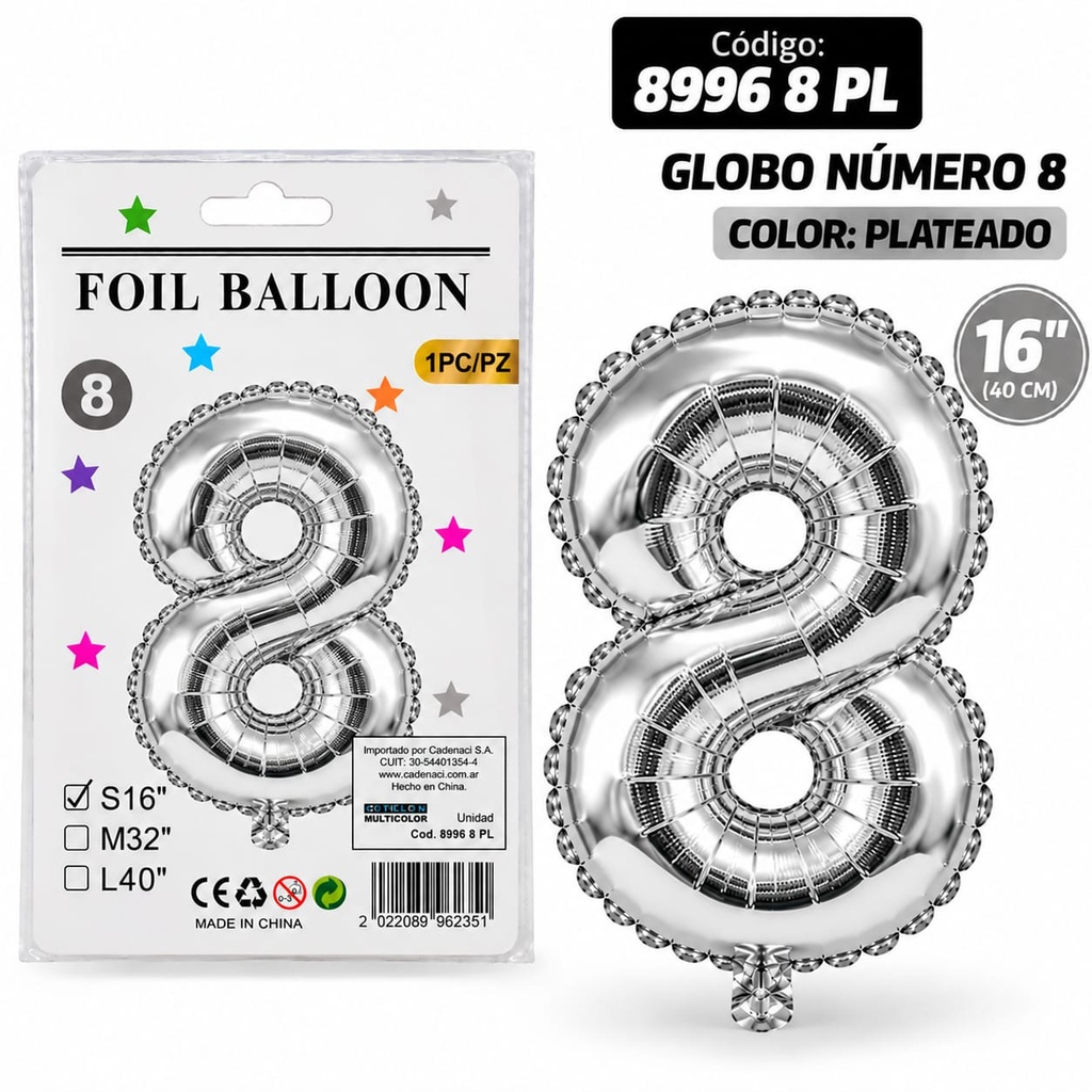GLOBO NUMERO 8 PLATEADO METALIZADO 8996 8 PL