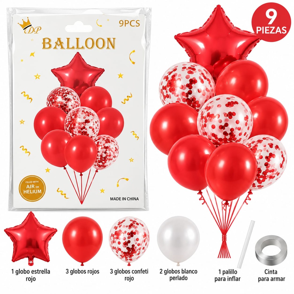 SET DE GLOBO X 9 CON ESTRELLA ROJO 89963 RJ