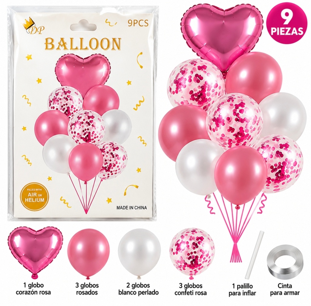 SET DE GLOBO X 9 CORAZON ROSADO 89965 RS
