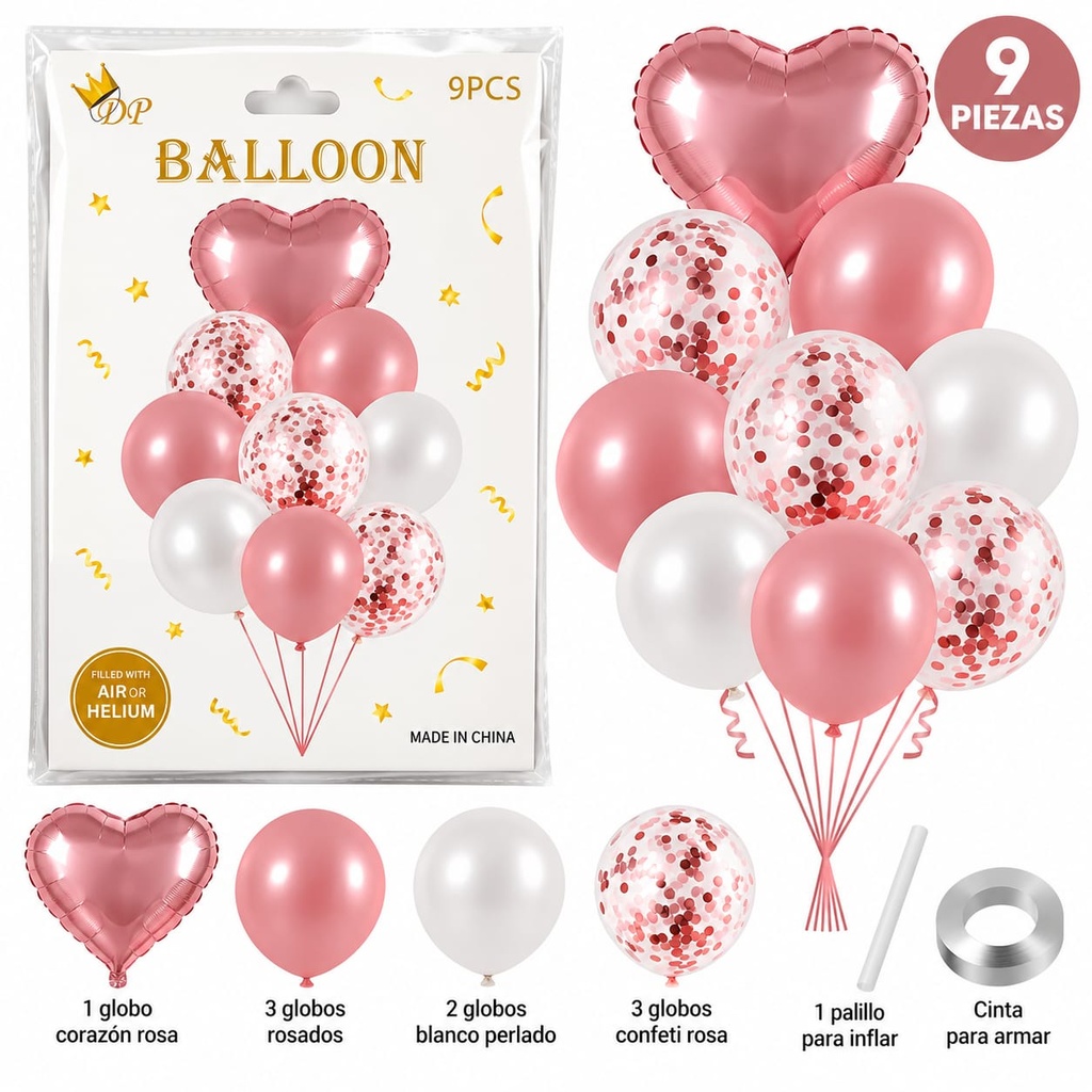 SET DE GLOBO X 9 CORAZON ROSA VIEJO 89965RG