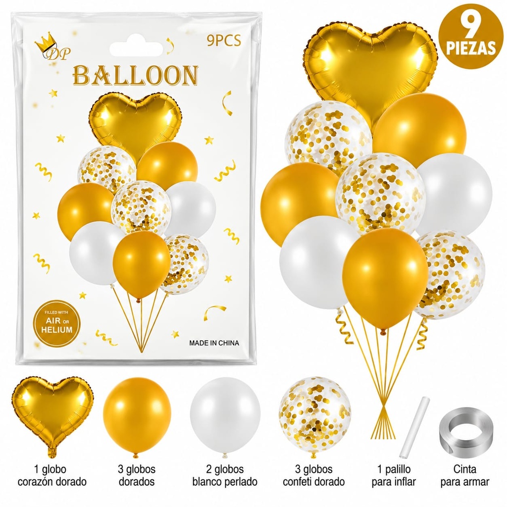 SET DE GLOBO X 9 CORAZON DORADO 89965 DR