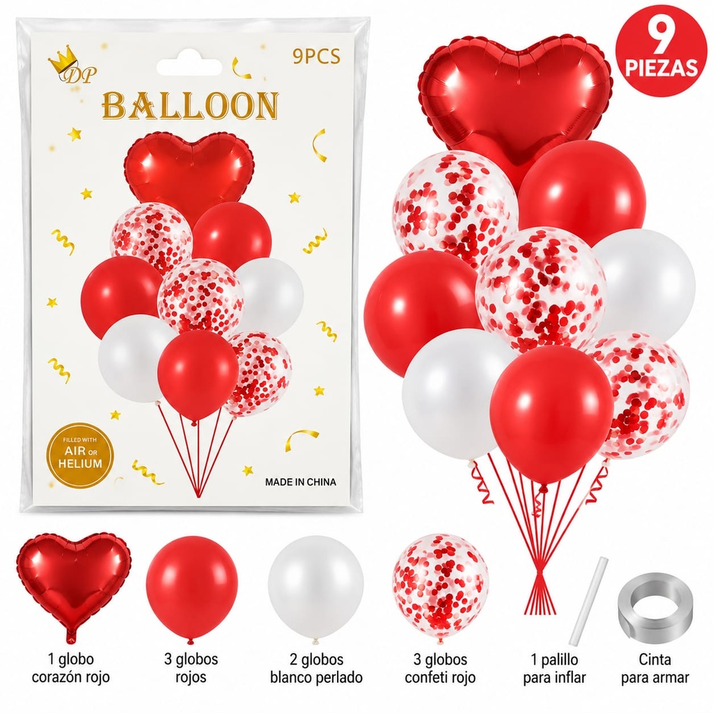 SET DE GLOBO X 9 CORAZON ROJO 89965 RJ