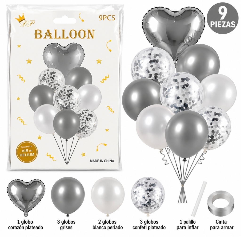 SET DE GLOBO X 9 CORAZON PLATEADO 89965PL