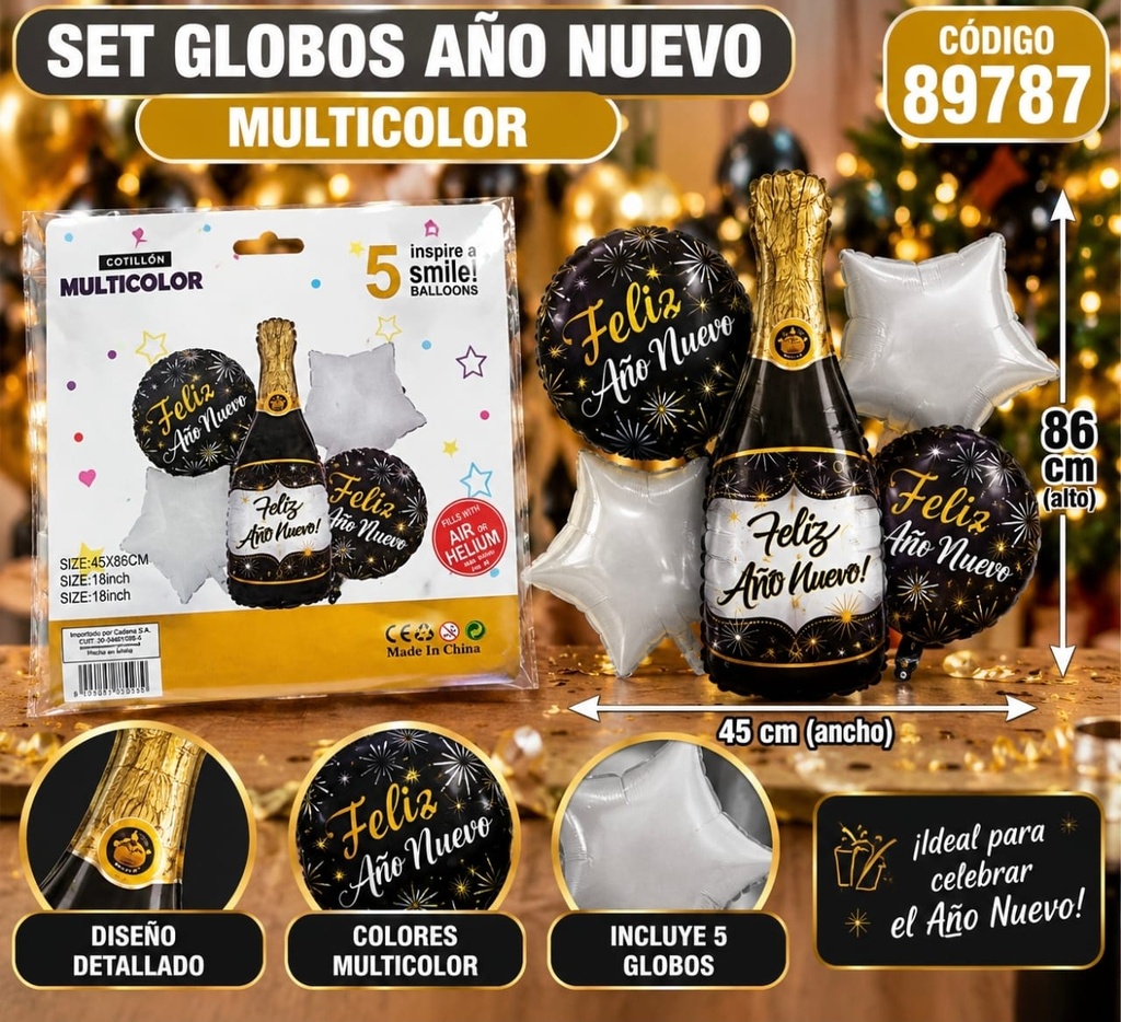 SET DE GLOBOS FELIZ AÑO NUEVO CON CHAMPANG 45 X 86CM 89787