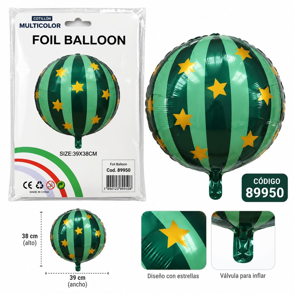 GLOBO REDONDO METALIZADO RAYA VERDE CON ESTRELLAS 89950 VR