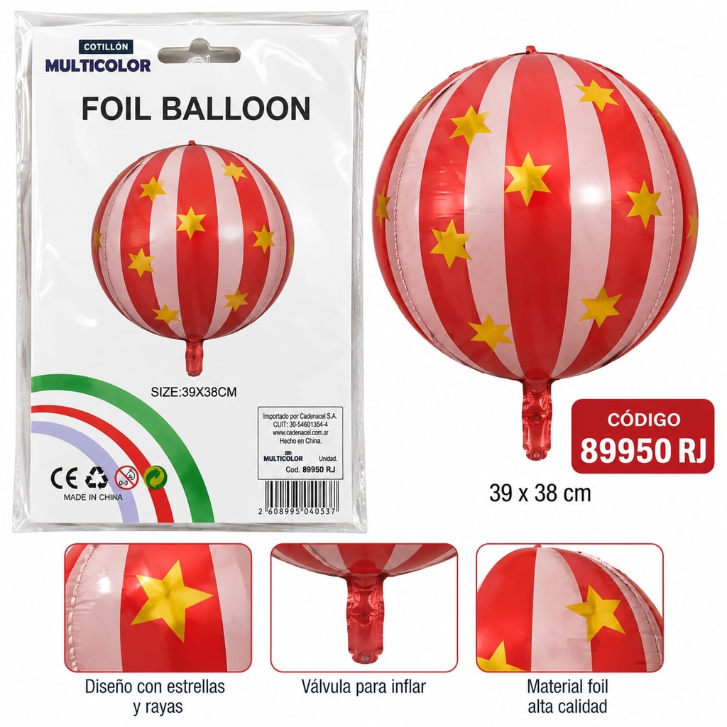 GLOBO REDONDO METALIZADO RAYA ROJA CON ESTRELLA 89950 40 RJ