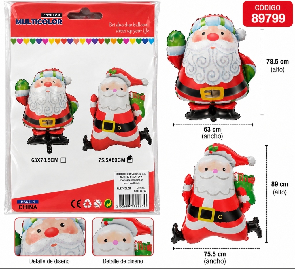 GLOBO PAPA NOEL METALIZADO DOS MODELO 75X89CM COD 89799 02 / 01 CADA UNO