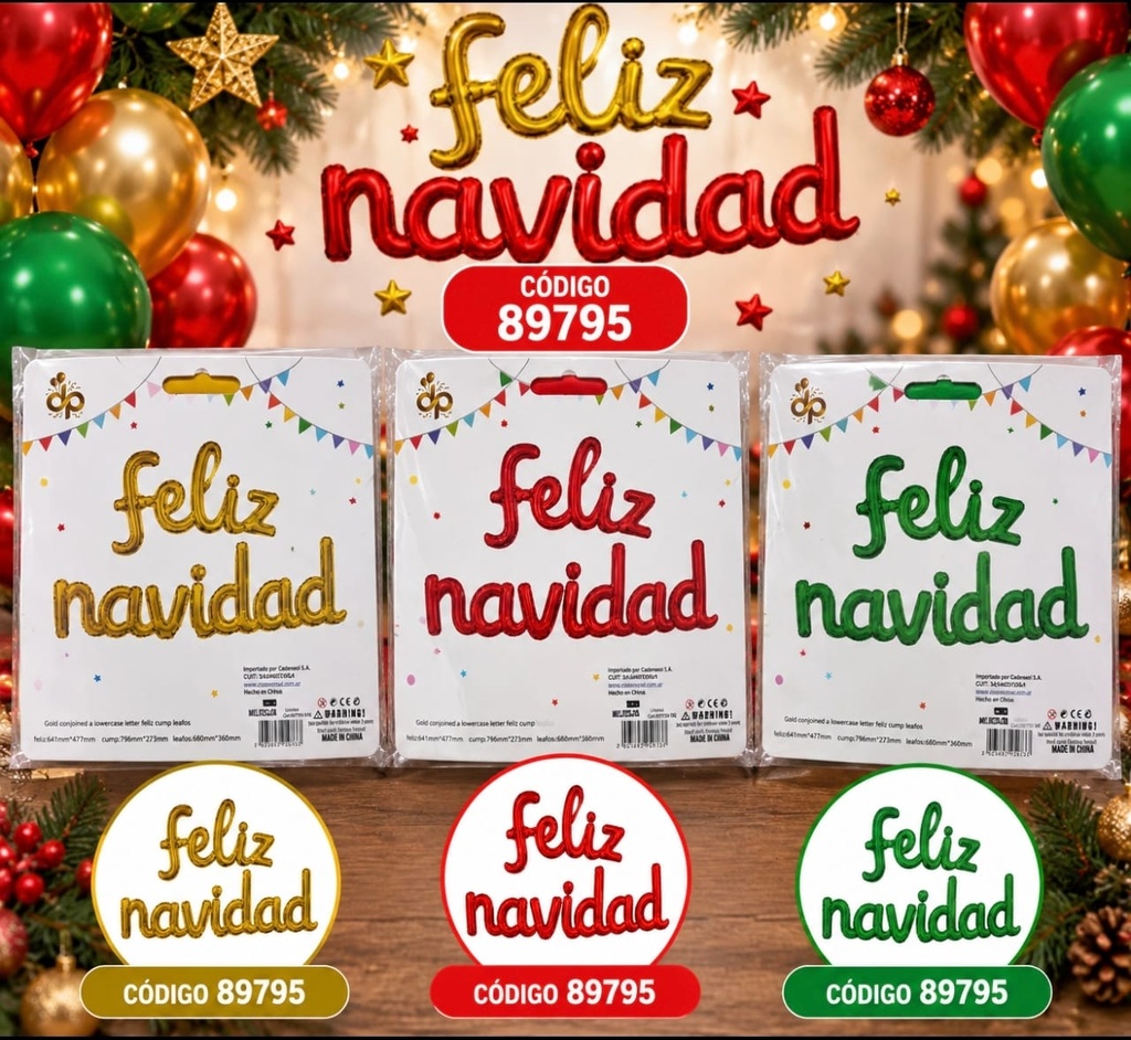 GLOBO FRASE FELIZ NAVIDAD 3 COLORES LETRA CURSIVA 89795