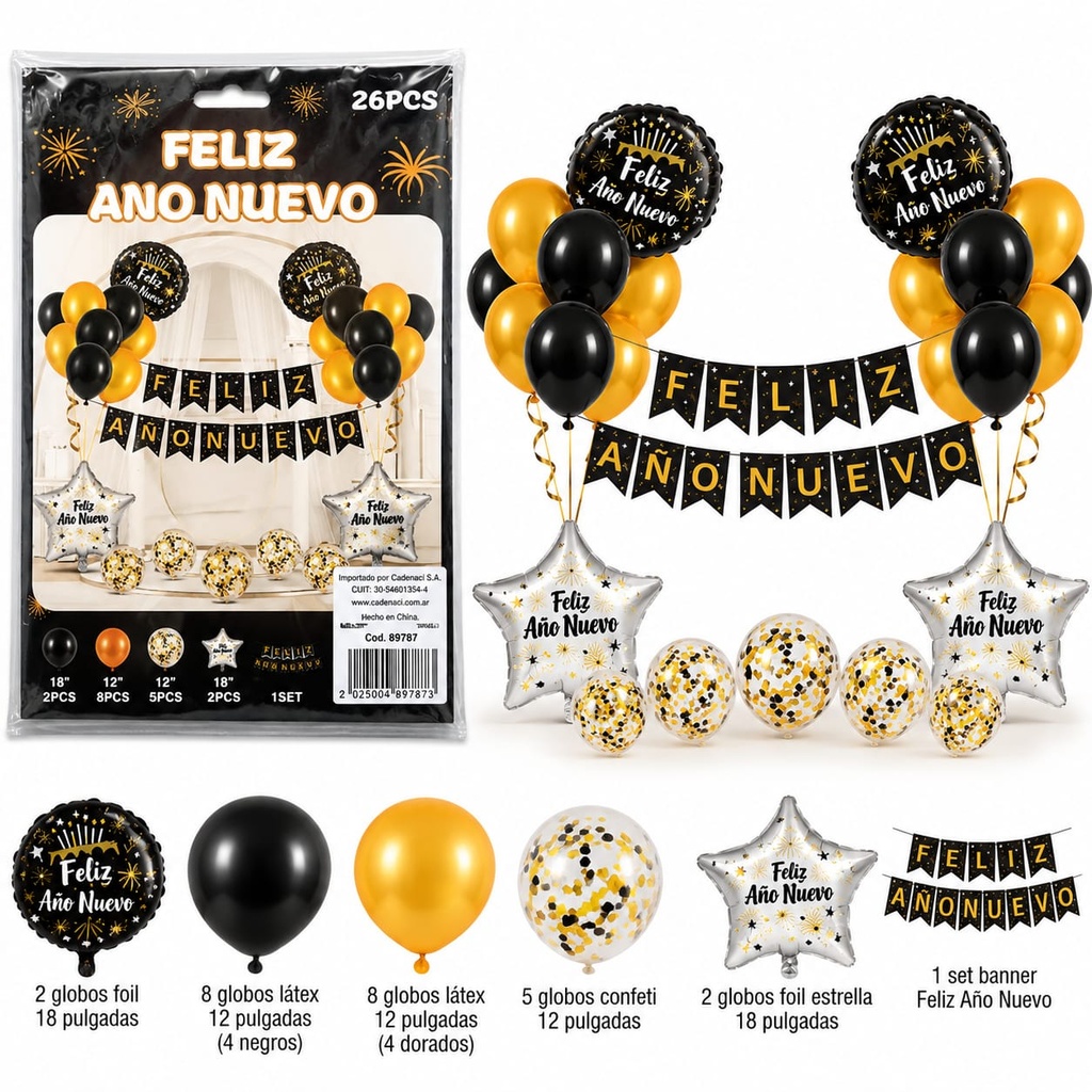 SET DE BANDERIN CON GLOBOS FELIZ AÑO NUEVO 89793 26 PCS