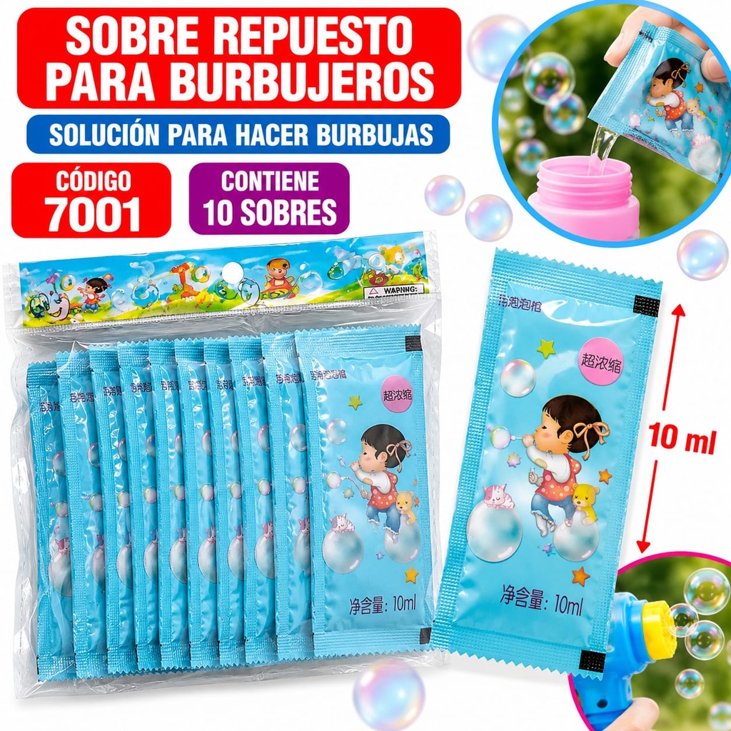 RECARGA DE BURBUJERO SOBRES X 10 UNIDAD EN BOLSA 7001