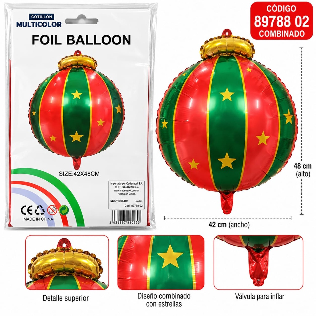 GLOBO REDONDO METALIZADO RAYA BICOLOR ROJO-VERDE CON ESTRELLA Y CORONA 48CM 89788 02