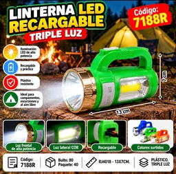 LINTERNA RECARGABLE 1975S CON MANIJA TRIPLE LUZ EN CAJA 7188R
