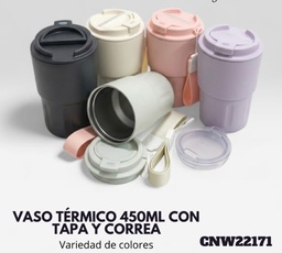 VASO TERMICO 450ML CON TAPA CON CORREA COLORES VARIOS CNW22171