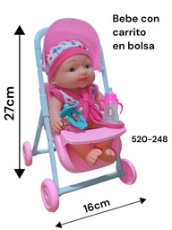 BEBE EN CARRITO DE PASEO CON ACCESORIOS EN BOLSA BABY WORLD 520-248