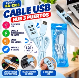 CABLE ALRGUE USB 1.20mts HUB CON 3 PUERTOS USB HA-1203