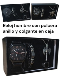 RELOJ HOMBRE CON PULCERA,ANILLO Y CADENA C/DIJE EN CAJA NEGRA 22090