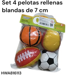 PELOTAS SURTIDA X 4 DEPORTE VARIOS RELLENA BLANDA 7 CM EN BOLSA 624854