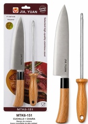 CUCHILLO CON CHAIRA MANGO DE MADERA EN BLISTER JIA YUAN MTK6-151