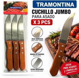CUCHILLO MANGO MADERA JUMBO X 3 EN BOLSA TIPO TRAMONTINA NC6843