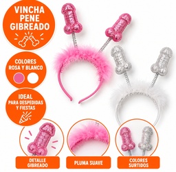 VINCHA PENE GIBRADO CON PLUMA ROSA / BLANCO