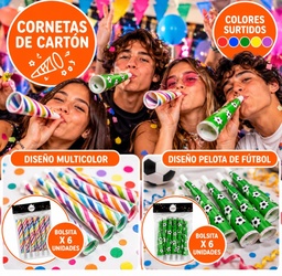CORNETA X 6 DE CARTON MULTICOLOR / PELOTA EN BLISTER