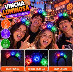 VINCHA LUMINOSA 3 OJOS HALLOWEEN CON TELA ARAÑA 10385