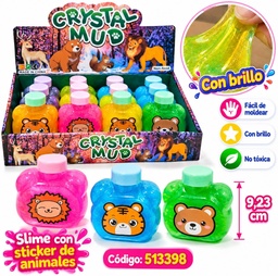SLIME CON BRILLO EN POTE 10 CM STICKER ANIMALES 513398