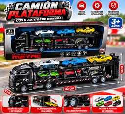 CAMION TRANSPORTADOR 32CM CON 6 AUTOS DE CARRERA METAL