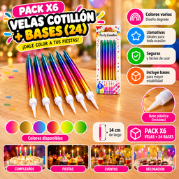 [RJ4678] PACK X6 VELAS MULTICOLOR + BASES EN BLISTER