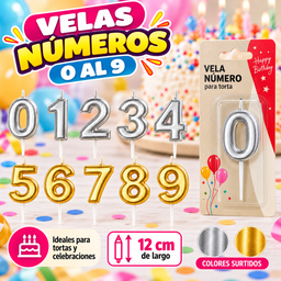 [RJ4685] VELA NUMERO METALIZADA DORADO Y PLANEADO N° 0 AL 9 EN BLISTER